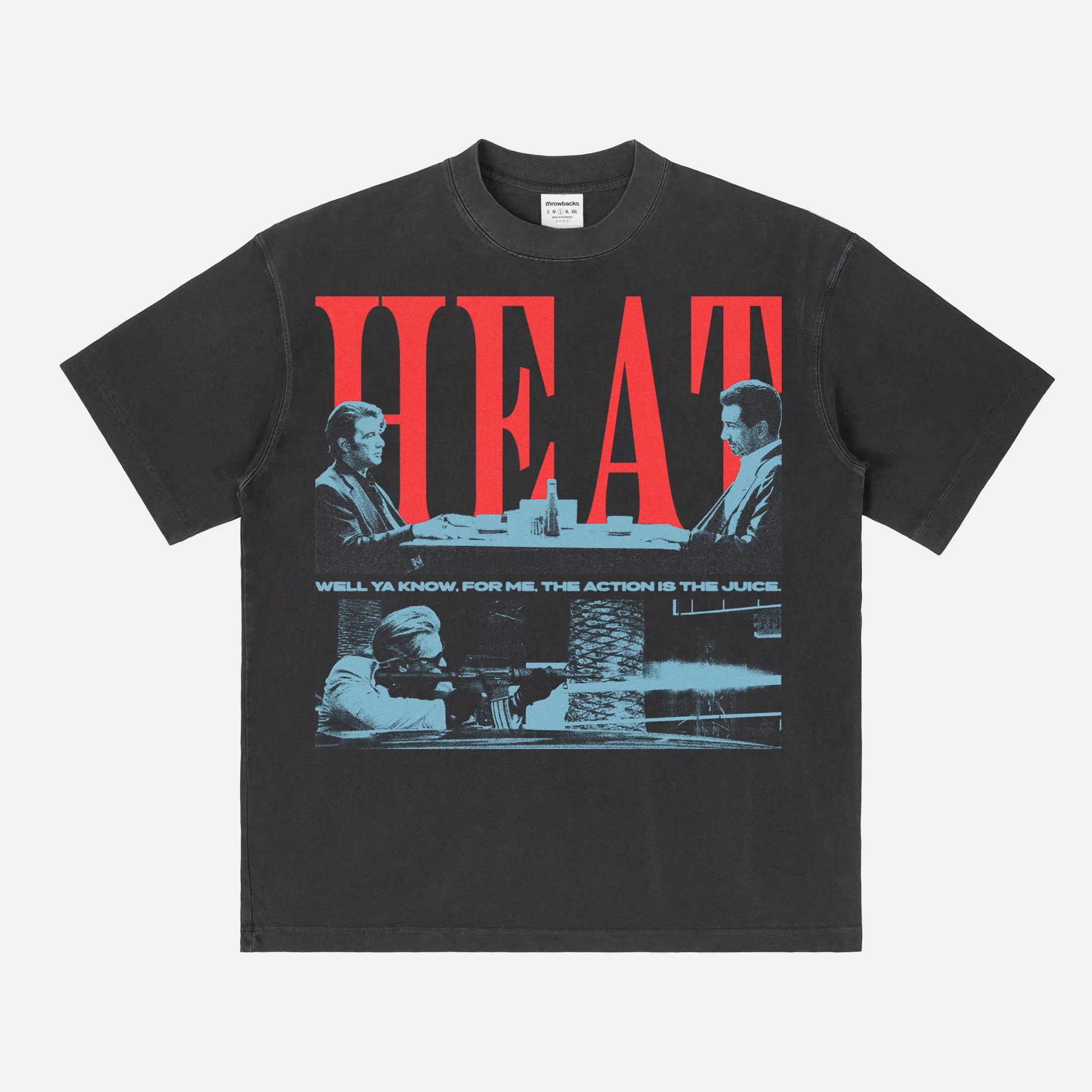 1995 Heat Movie Graphic t-shirt with grunge halftone illustration of the diner scene and Val Kilmer street shootout on a faded black streetwear tee
