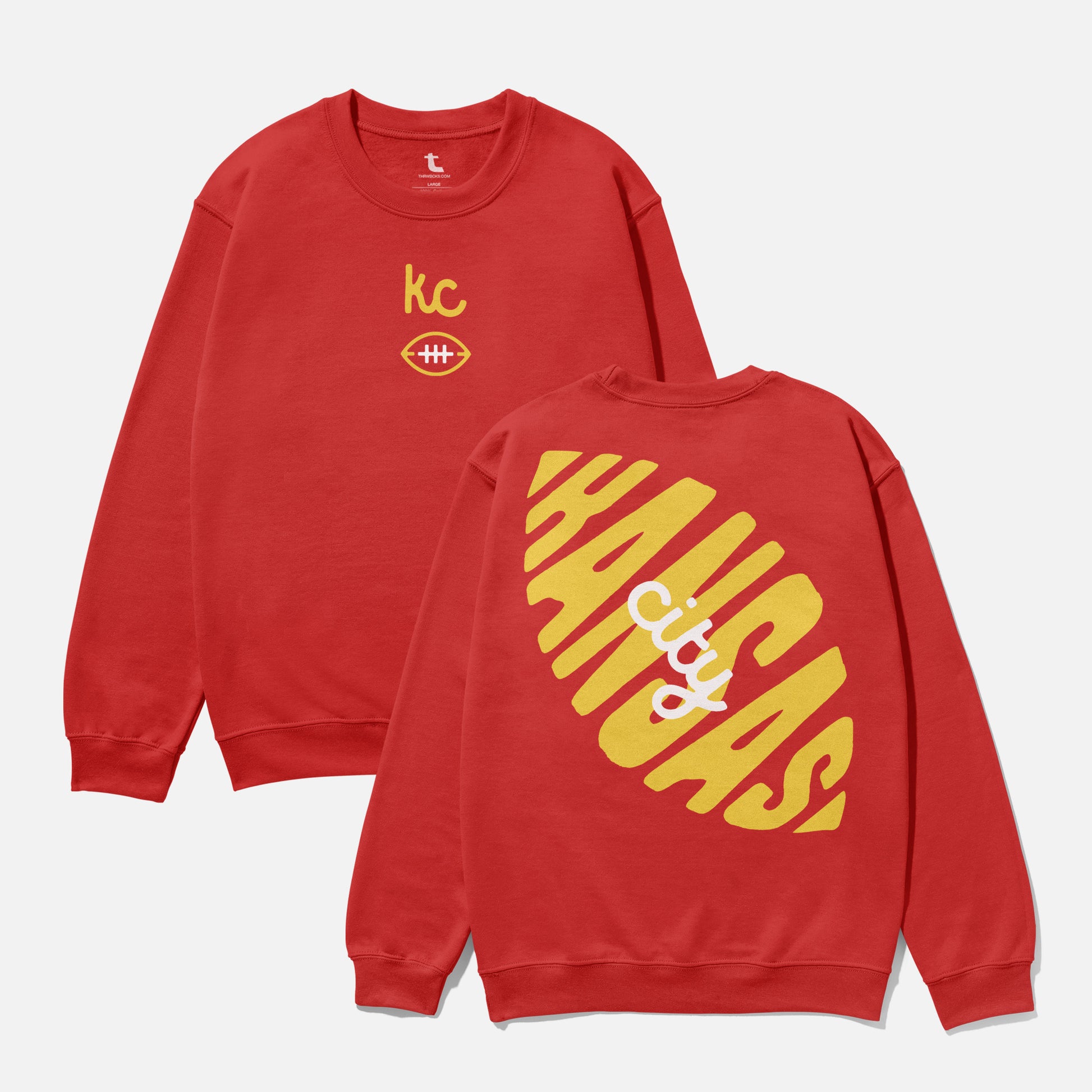 Red Kansas City Chiefs sweatshirt with yellow logo on a unisex crewneck sweater for KC football fans