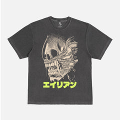 Alien horror movie t-shirt, romulus xenomorph japanese graphic tee on retro washed black shirt