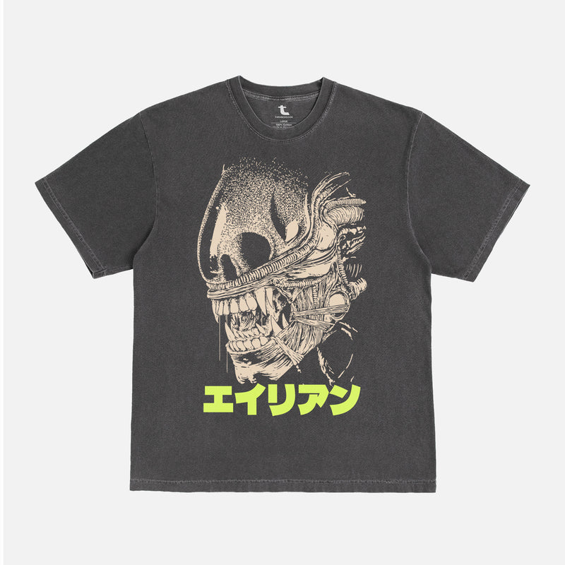 Alien horror movie t-shirt, romulus xenomorph japanese graphic tee on retro washed black shirt