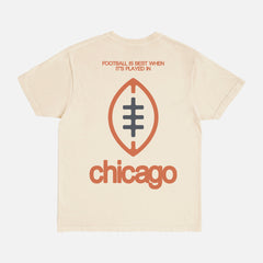Washed beige, navy blue and orange comfort colors Chicago Bears Football streetwear t-shirt with front and back print and oversized vintage Chicago Bears logo