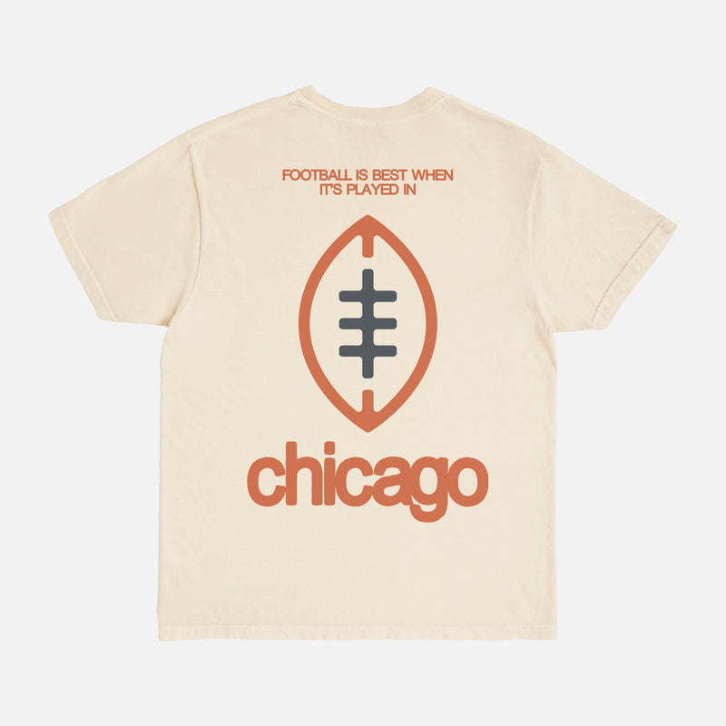 Washed beige, navy blue and orange comfort colors Chicago Bears Football streetwear t-shirt with front and back print and oversized vintage Chicago Bears logo