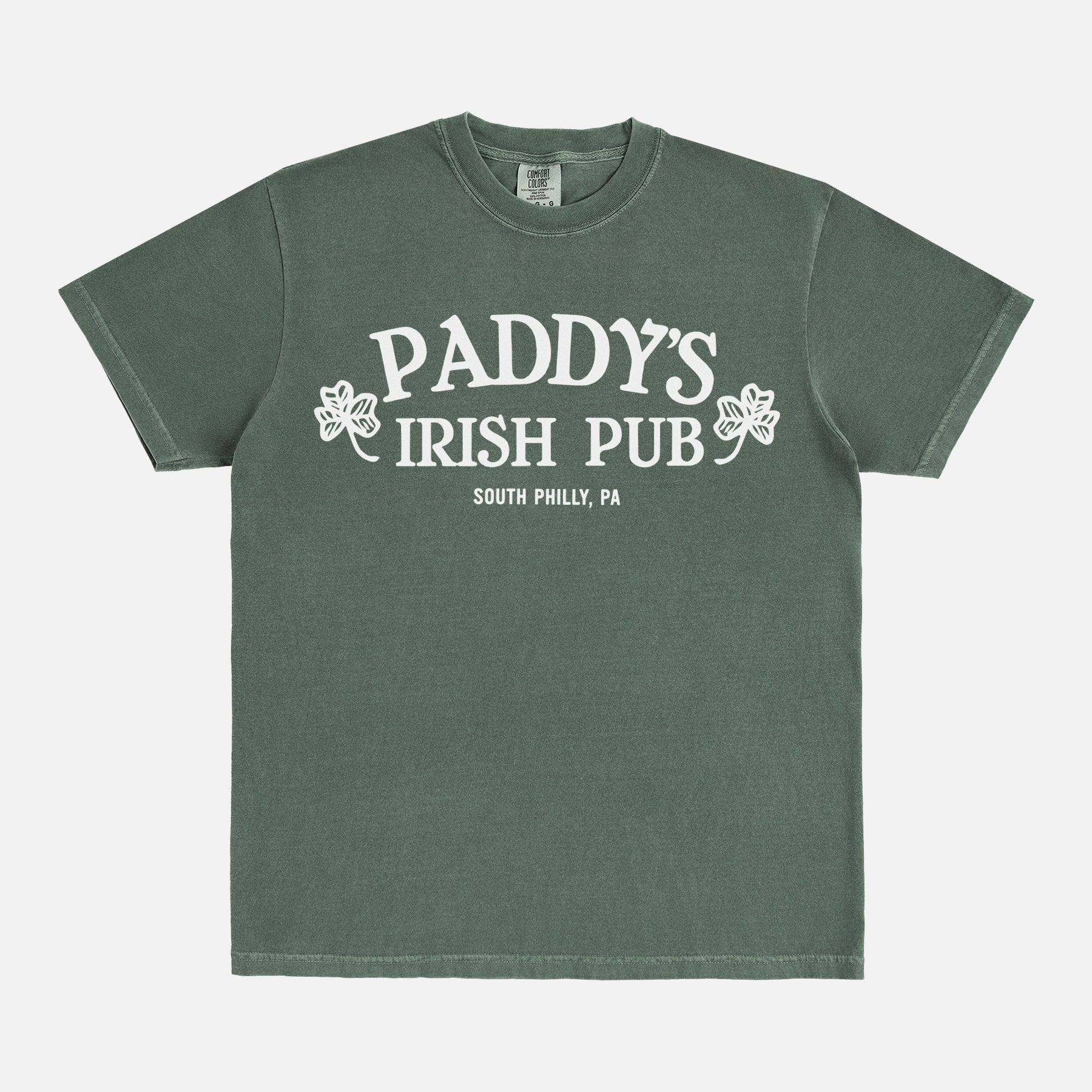Paddy's Irish Pub logo graphic tee with bar logo on washed faded green Comfort Colors t-shirt for Always Sunny in Philadelphia TV show fans
