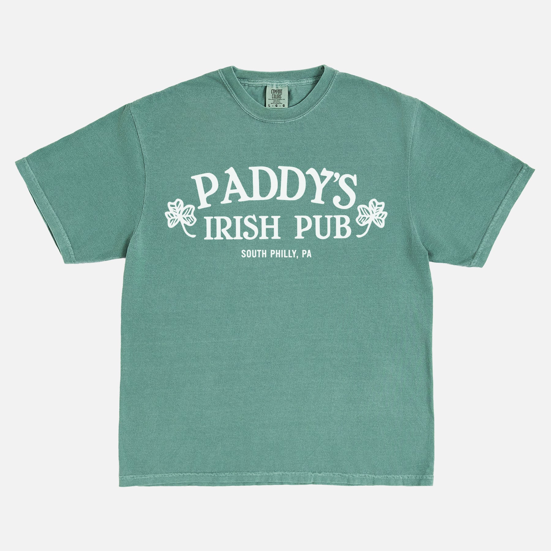 Paddy's Irish Pub logo graphic tee with bar logo on washed faded green Comfort Colors t-shirt for Always Sunny in Philadelphia TV show fans