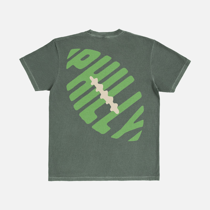 Retro unisex Philadelphia eagles washed distressed green graphic tee shirt with kelly green Philly football logo on front and back