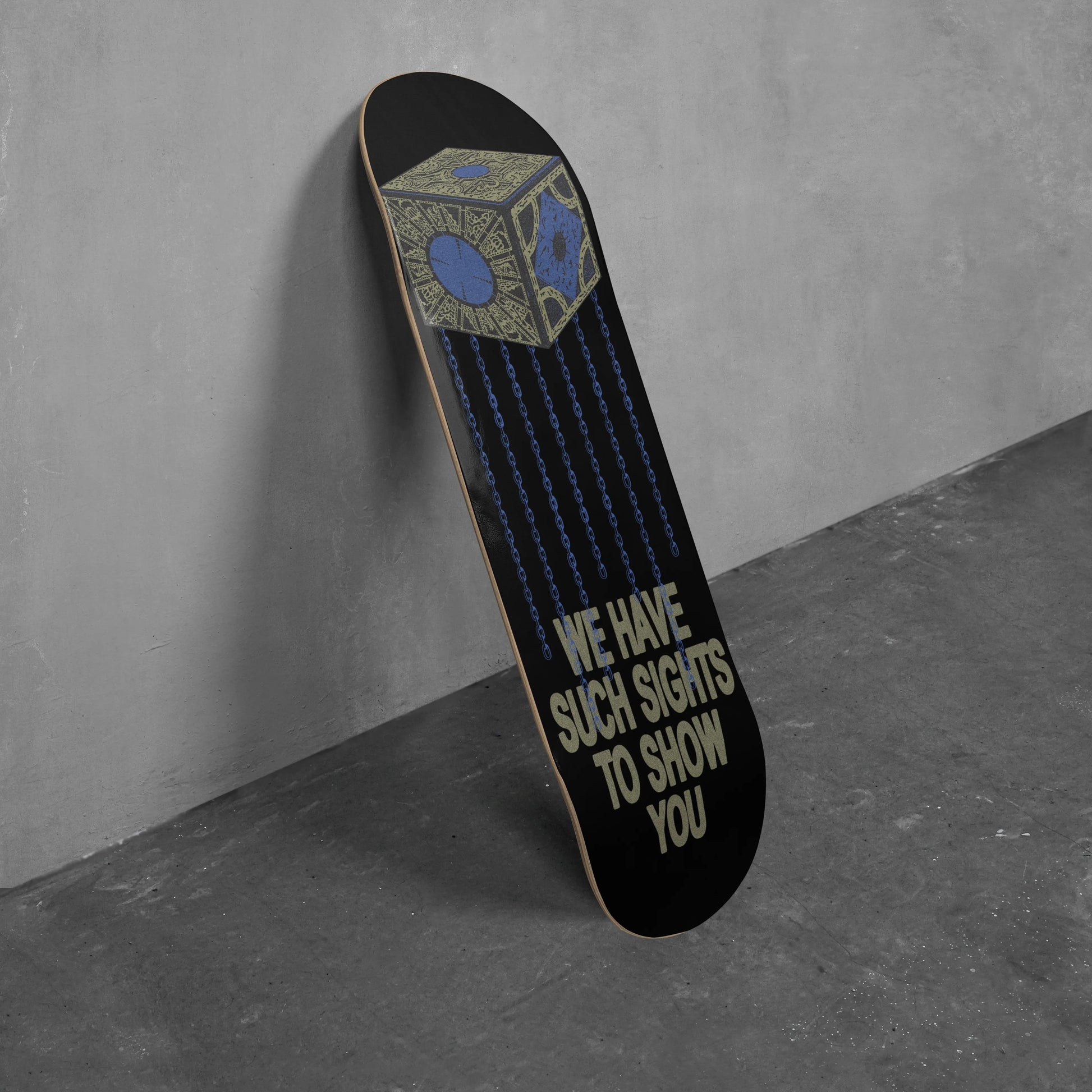 Hellraiser Movie skateboard, retro 80s horror movie pinhead lament configuration skate deck wall art collectable 