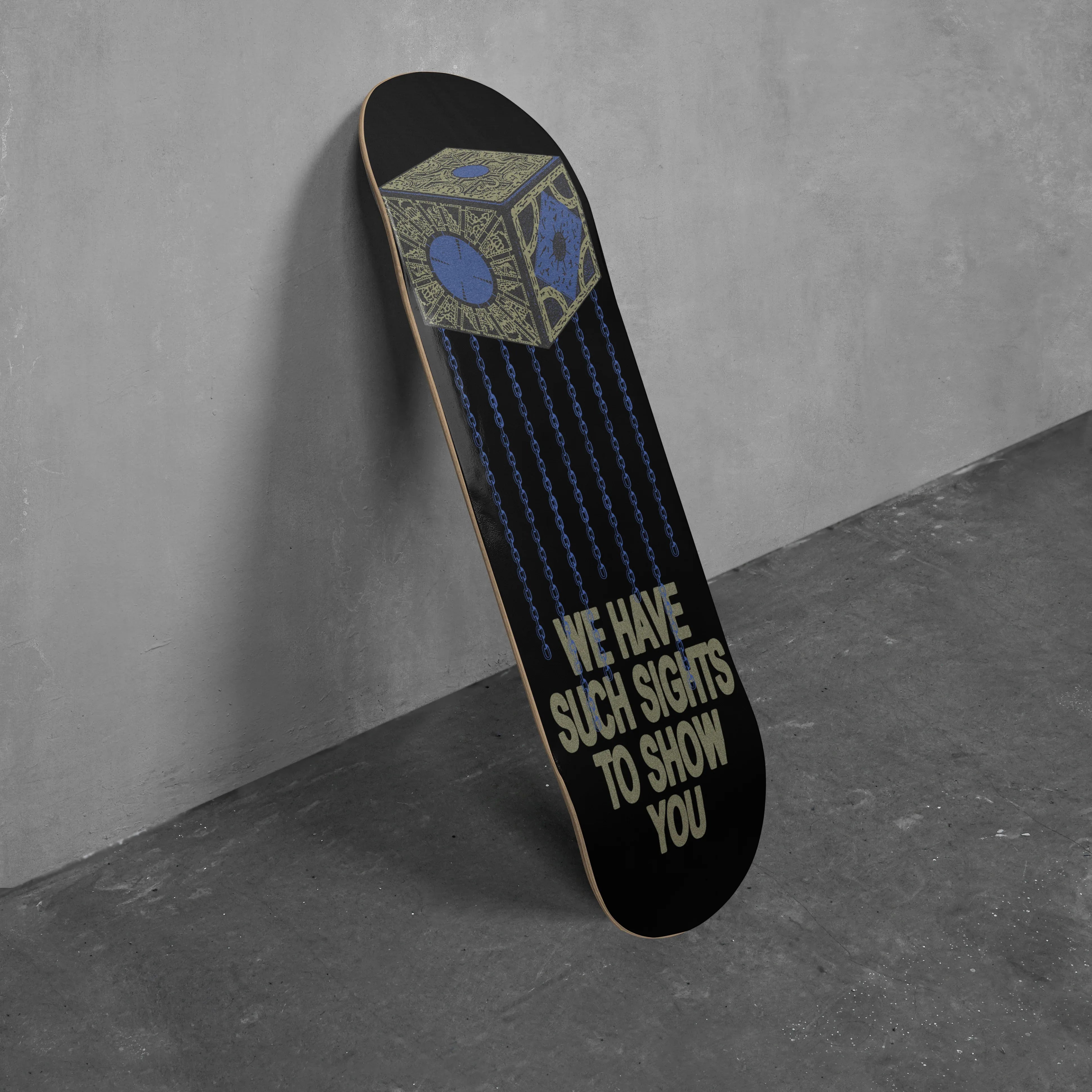 Hellraiser Movie skateboard, retro 80s horror movie pinhead lament configuration skate deck wall art collectable 