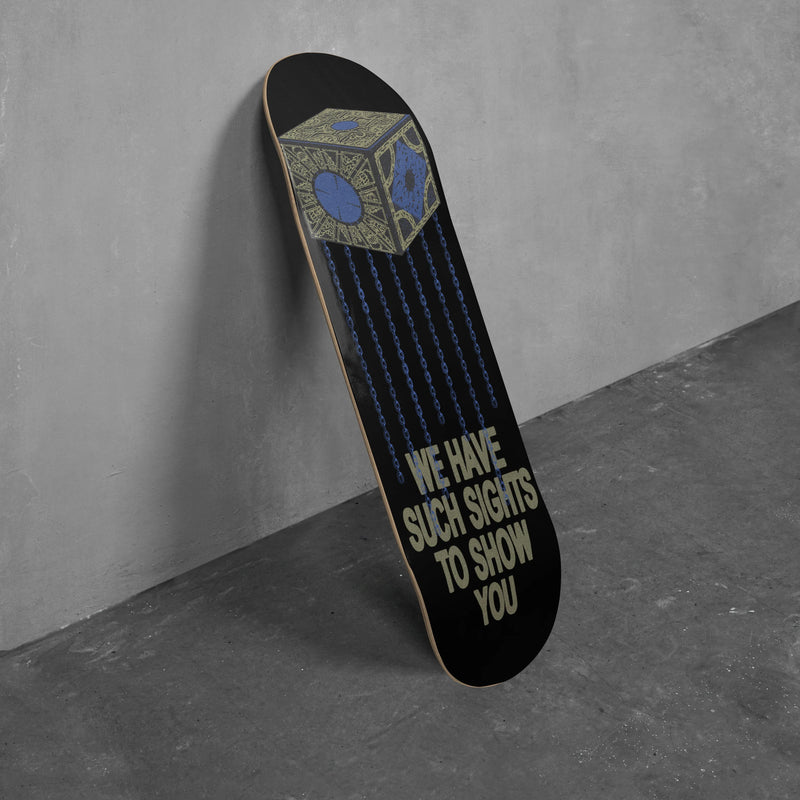 Hellraiser Movie skateboard, retro 80s horror movie pinhead lament configuration skate deck wall art collectable 