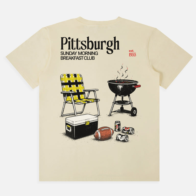 Funny vintage  off white Pittsburgh Steelers NFL football tailgate t-shirt with retro beer and bbq pit