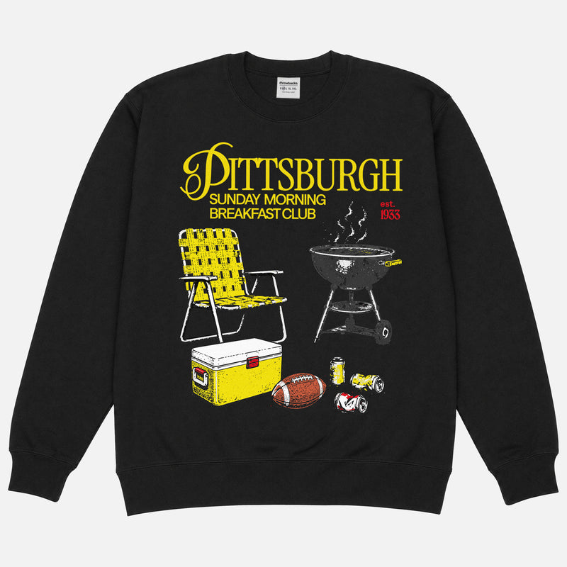 Funny Pittsburgh Steelers football tailgating crewneck sweatshirt with beer and bbq pit and sunday morning breakfast club