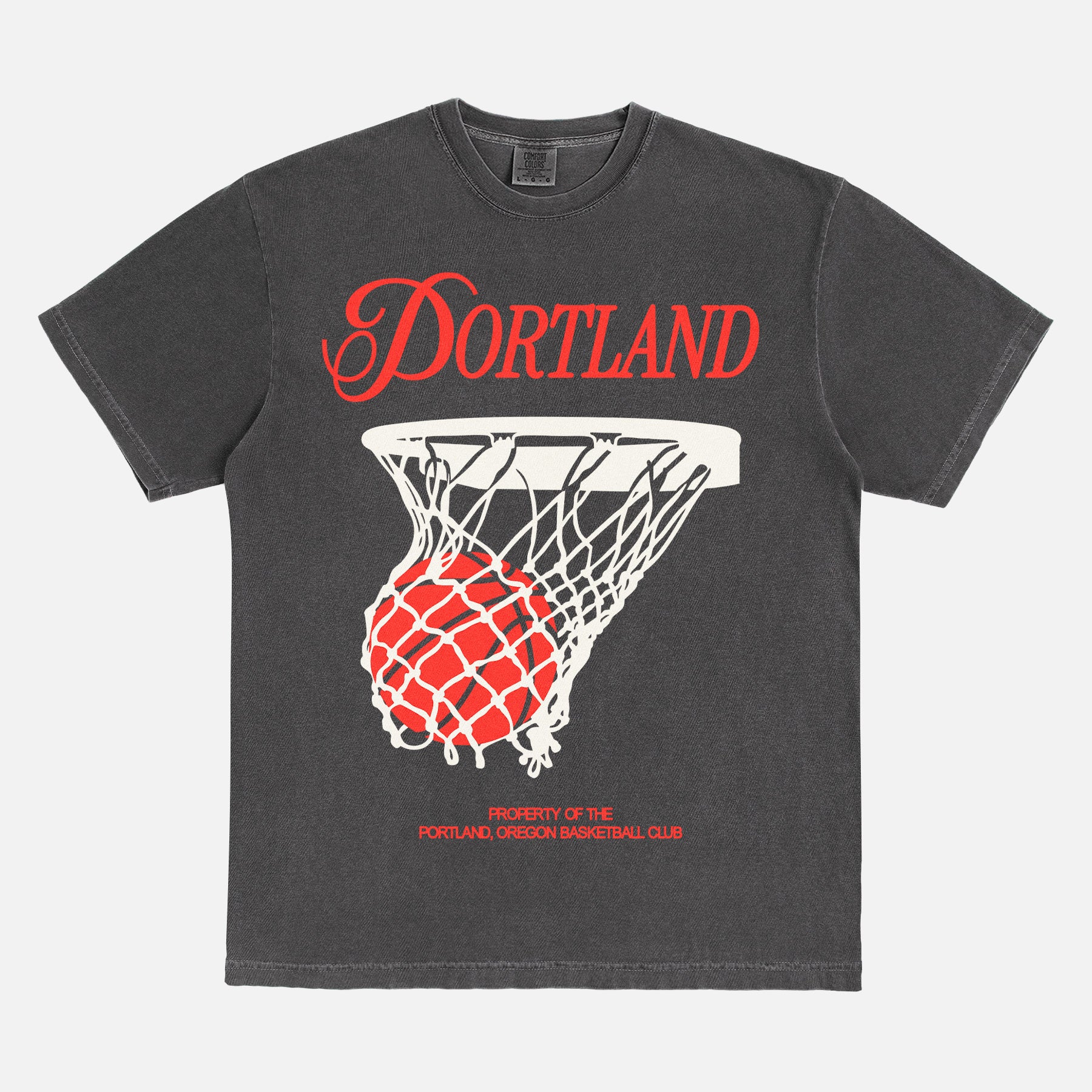 Distressed black and red Portland Trailblazers Comfort Colors t-shirt with streetwear graphics and vintage jersey text