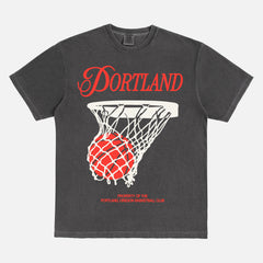 Distressed black and red Portland Trailblazers Comfort Colors t-shirt with streetwear graphics and vintage jersey text