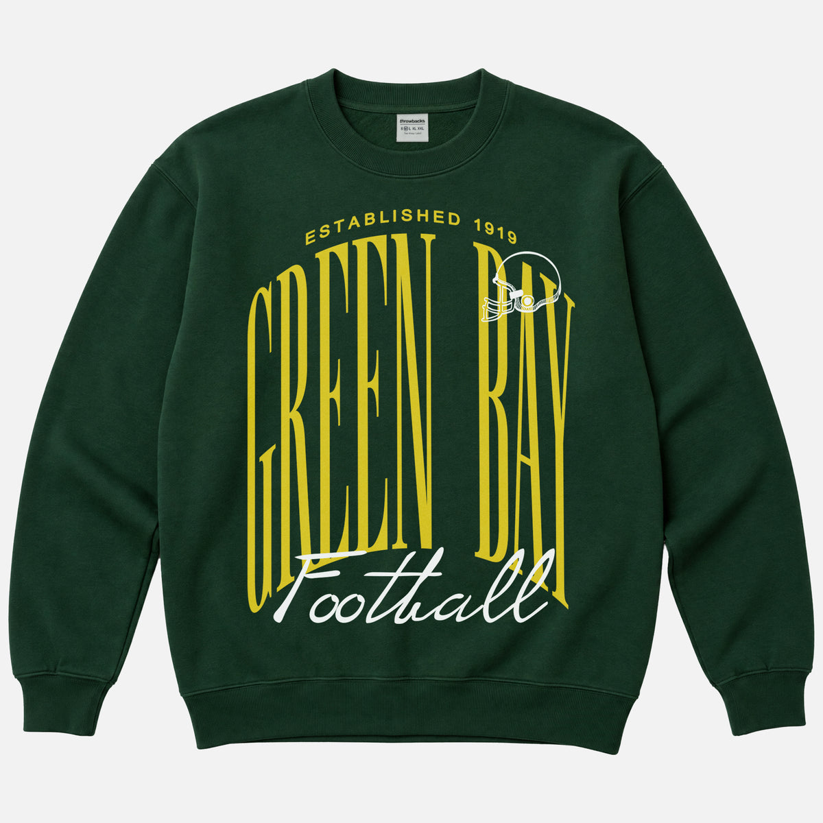 Vintage 1990's Green Bay Packers football sweatshirt with old school logo on a green crewneck for men and women for sale at Throwbacks