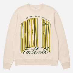 Vintage 1990's Green Bay Packers football sweatshirt with old school logo on a cream crewneck for men and women for sale at Throwbacks