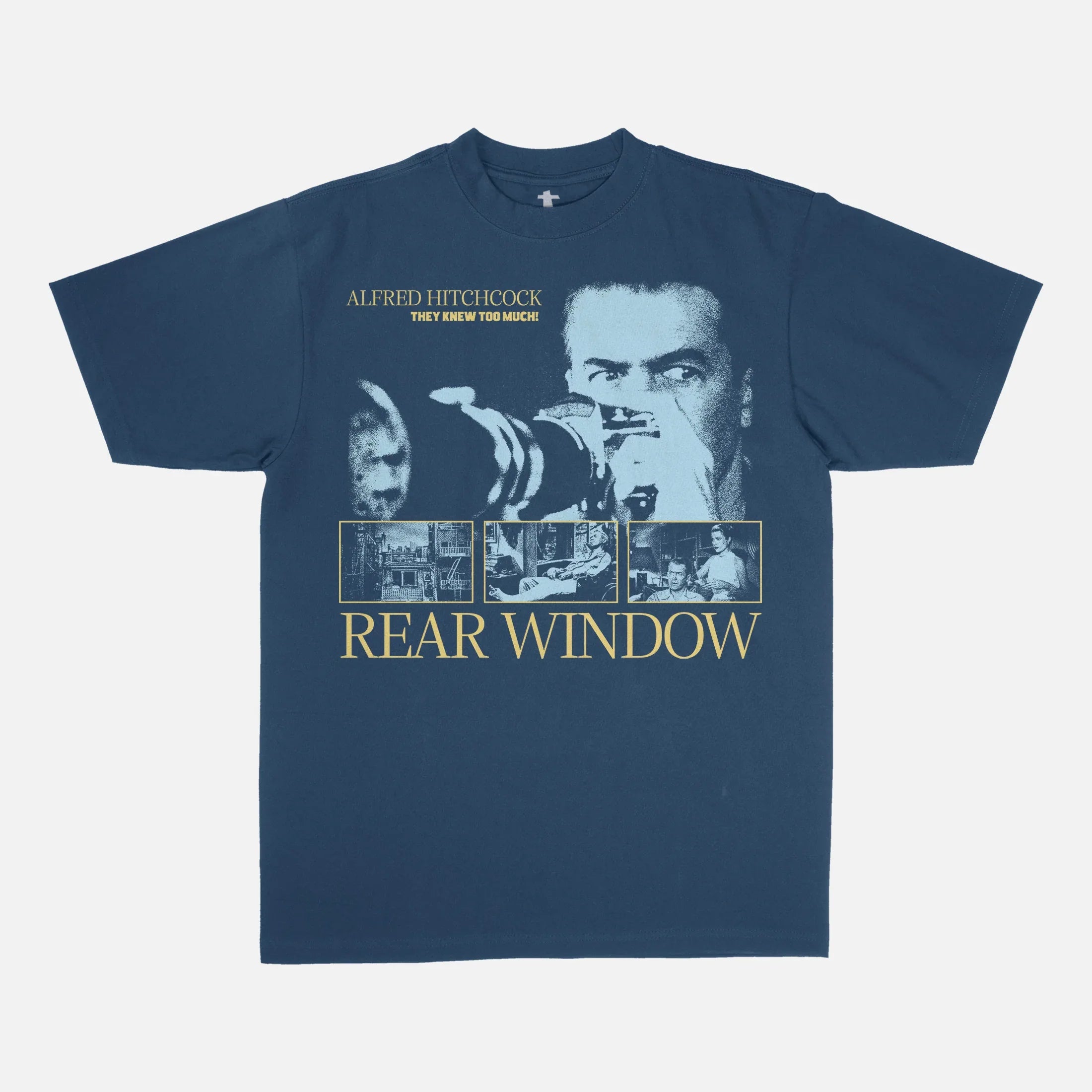 Navy and yellow 1954 Alfred Hitchcock Rear Window Movie graphic t-shirt for cult classic movie fans