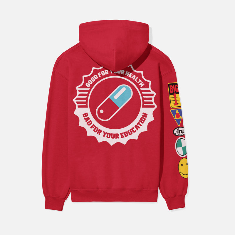 Akira streetwear style hoodie with front, back, and sleeve print on an oversized red hooded sweatshirt, Akira anime hoodie sweater with motorcycle stickers and pill