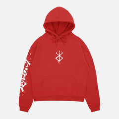 Oversized berserk hoodie for anime fans with japanese manga series text, red berserk anime streetwear sweatshirt for men and women at Throwbacks