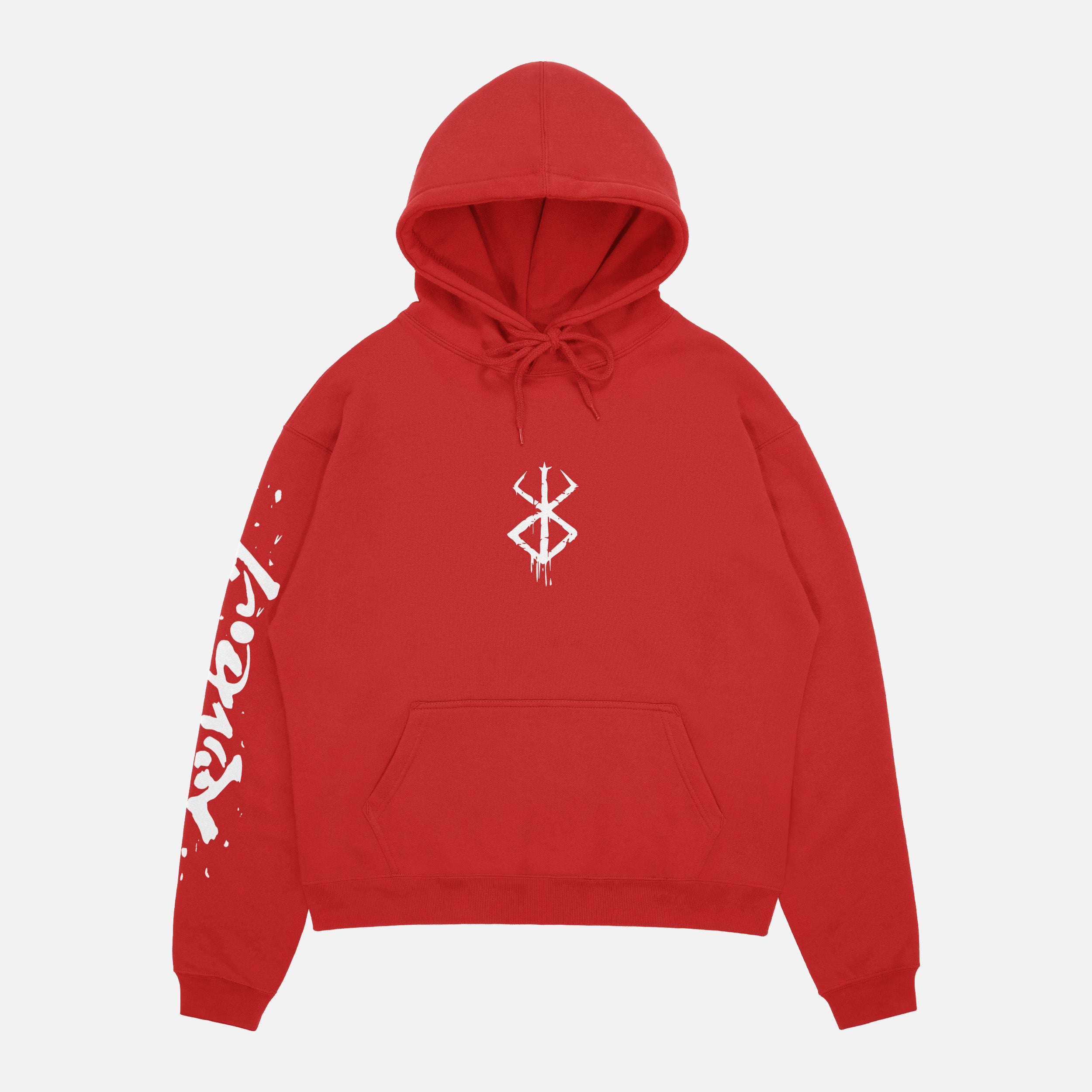 Oversized berserk hoodie for anime fans with japanese manga series text, red berserk anime streetwear sweatshirt for men and women at Throwbacks
