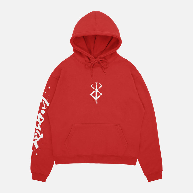 Oversized berserk hoodie for anime fans with japanese manga series text, red berserk anime streetwear sweatshirt for men and women at Throwbacks