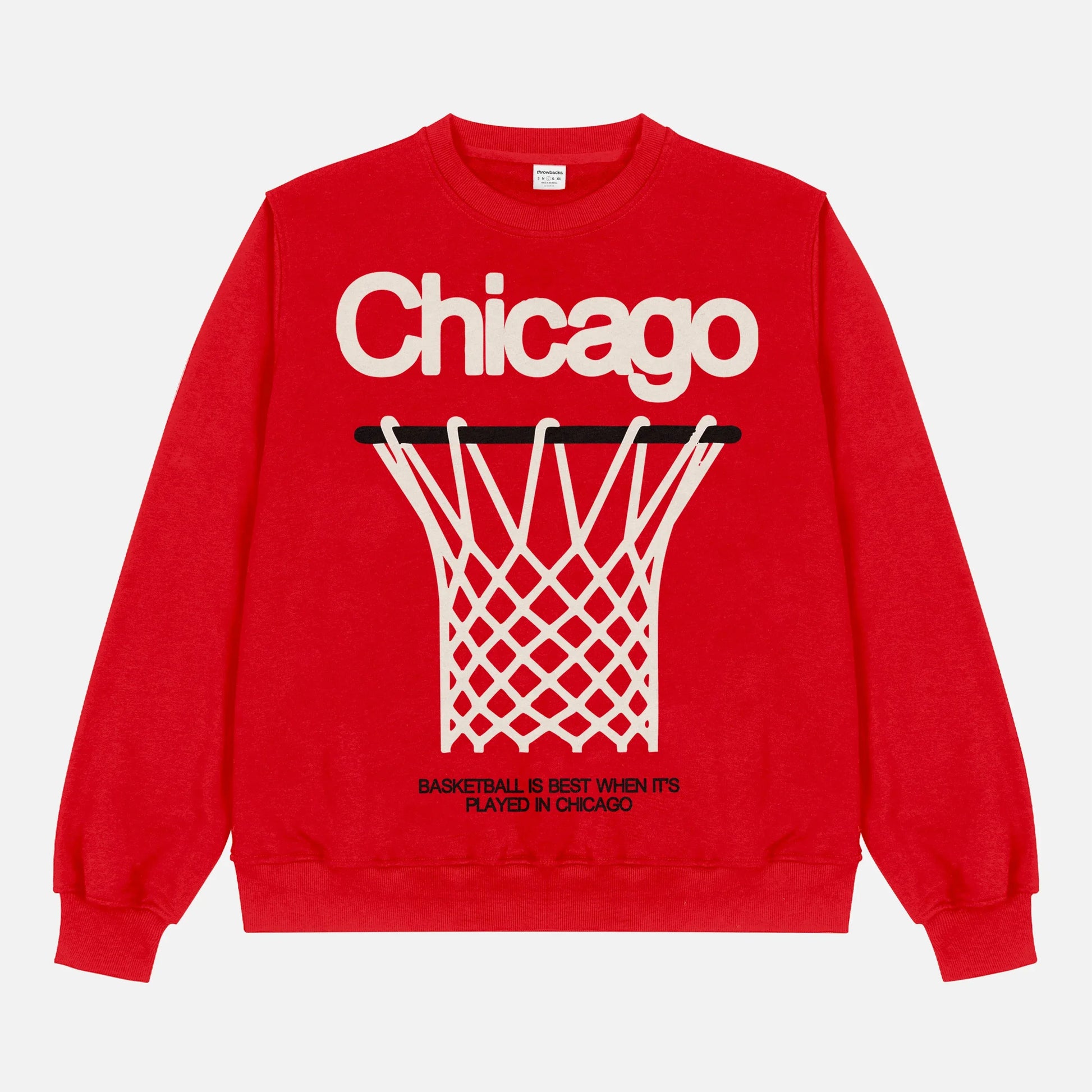 Red Chicago Bulls streetwear sweatshirt with large oversized basketball hoop graphic on a premium heavyweight unisex crewneck for sale at Throwbacks