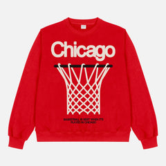 Red Chicago Bulls streetwear sweatshirt with large oversized basketball hoop graphic on a premium heavyweight unisex crewneck for sale at Throwbacks