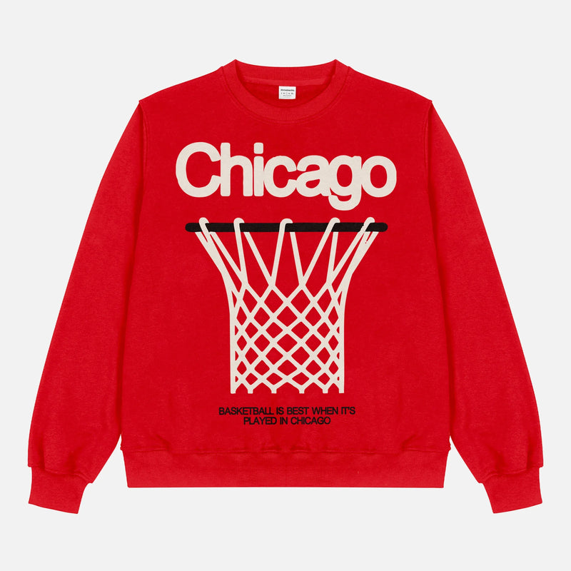 Red Chicago Bulls streetwear sweatshirt with large oversized basketball hoop graphic on a premium heavyweight unisex crewneck for sale at Throwbacks