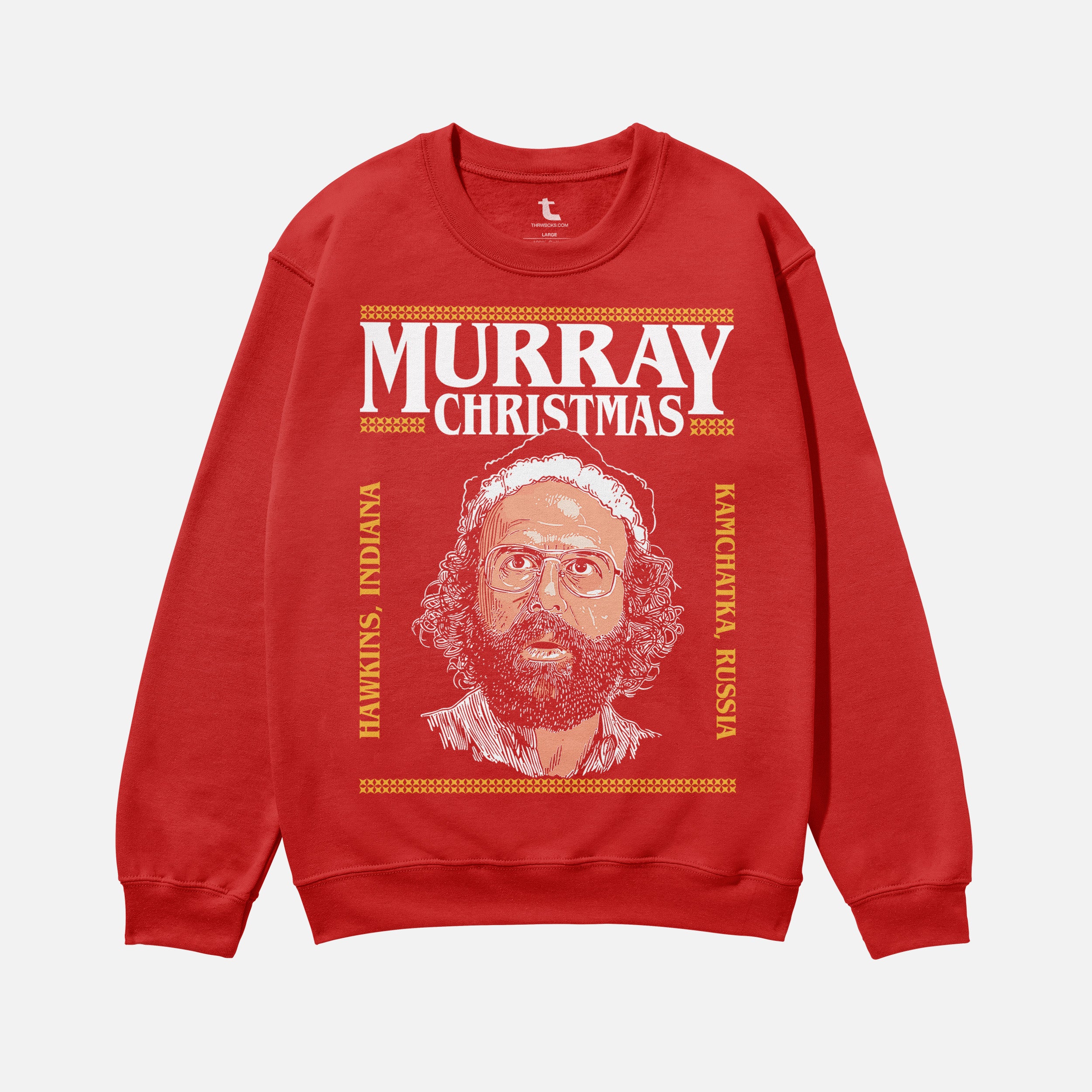 funny red and yellow stranger things christmas sweater, Murray Christmas retro stranger things TV show ugly christmas sweater for fans of Hawkins Indiana and the upside down