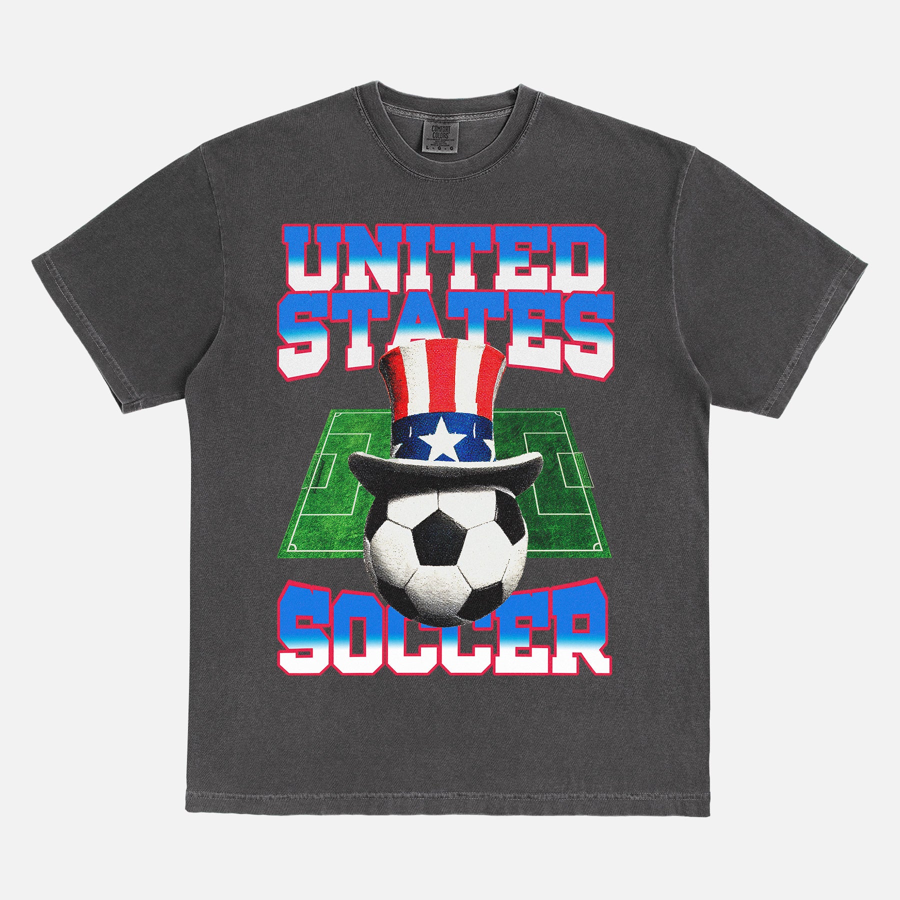 Retro United States soccer team graphic tee with 90's gradient text and uncle sam soccer ball on a unisex black comfort colors t-shirt