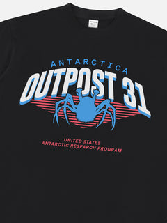 John Carpenter's The Thing horror movie t-shirt with retro Antarctica Outpost 31 logo graphic on a heavyweight black t-shirt