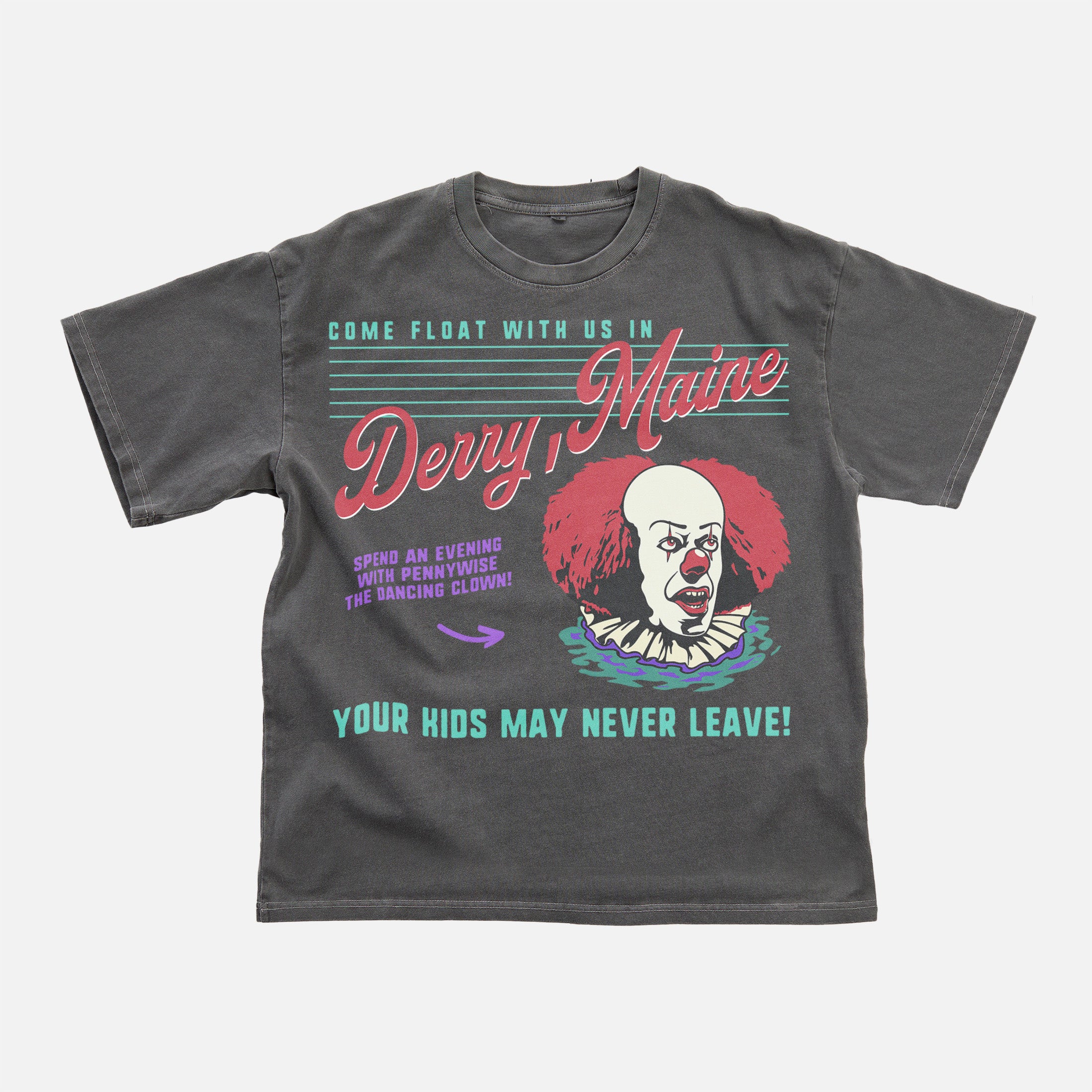 Original IT movie 1990 t-shirt with retro 90s pennywise the dancing clown on washed black unisex t-shirt, Derry Maine horror movie graphic tee for men and women