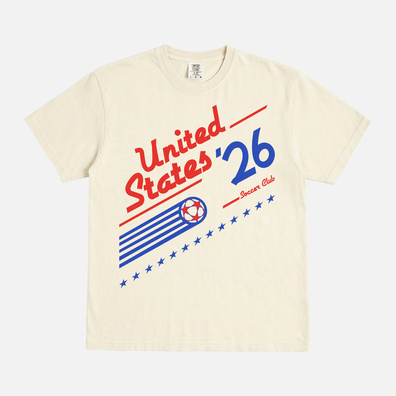 Cool retro 1980s US Soccer team graphic t-shirt with vintage royal blue and red 90s style Untied States USA USMNT USWNT soccer graphic on an off white world cup Comfort Colors t-shirt