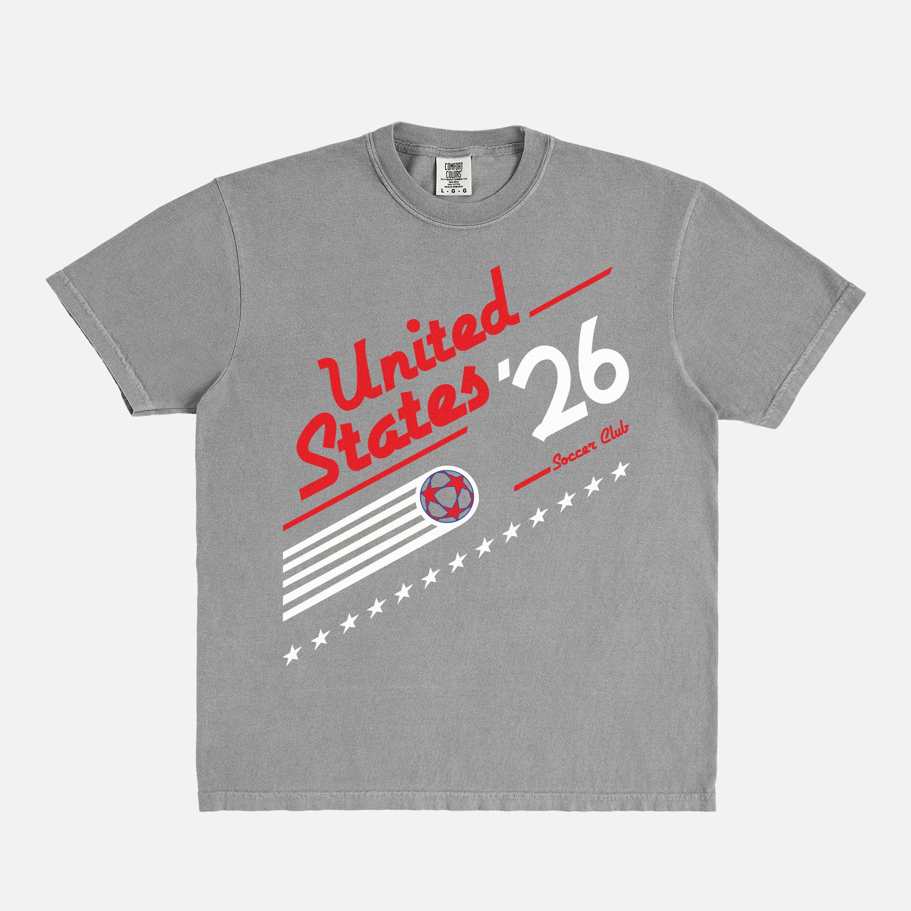 Cool retro 1980s US Soccer team graphic t-shirt with vintage royal blue and red 90s style Untied States USA soccer graphic on an washed grey  world cup Comfort Colors t-shirt