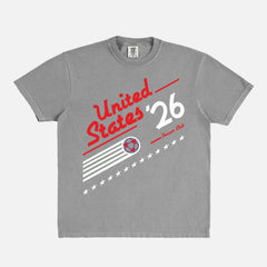 Cool retro 1980s US Soccer team graphic t-shirt with vintage royal blue and red 90s style Untied States USA soccer graphic on an washed grey  world cup Comfort Colors t-shirt