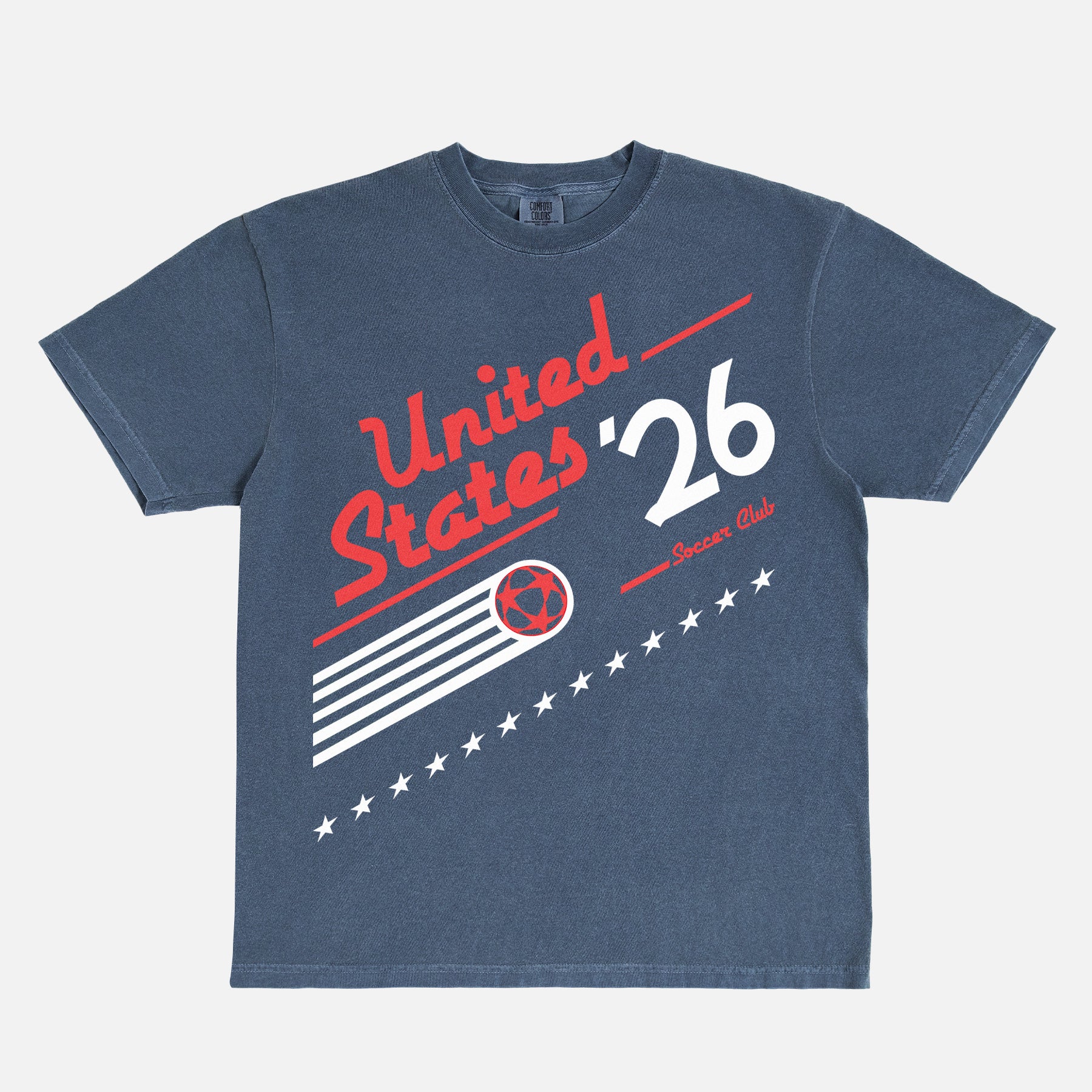 Cool retro 1980s US Soccer team graphic t-shirt with vintage royal blue and red 90s style Untied States USA soccer graphic on an washed navy  world cup Comfort Colors t-shirt
