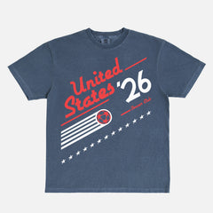 Cool retro 1980s US Soccer team graphic t-shirt with vintage royal blue and red 90s style Untied States USA soccer graphic on an washed navy  world cup Comfort Colors t-shirt