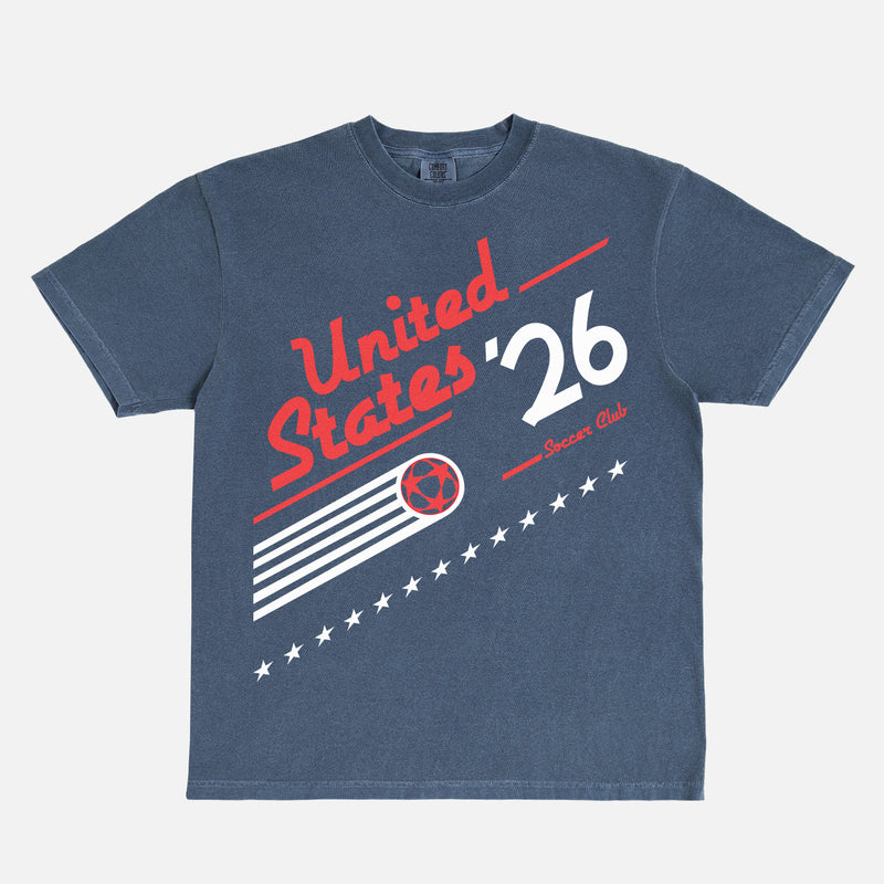 Cool retro 1980s US Soccer team graphic t-shirt with vintage royal blue and red 90s style Untied States USA soccer graphic on an washed navy  world cup Comfort Colors t-shirt