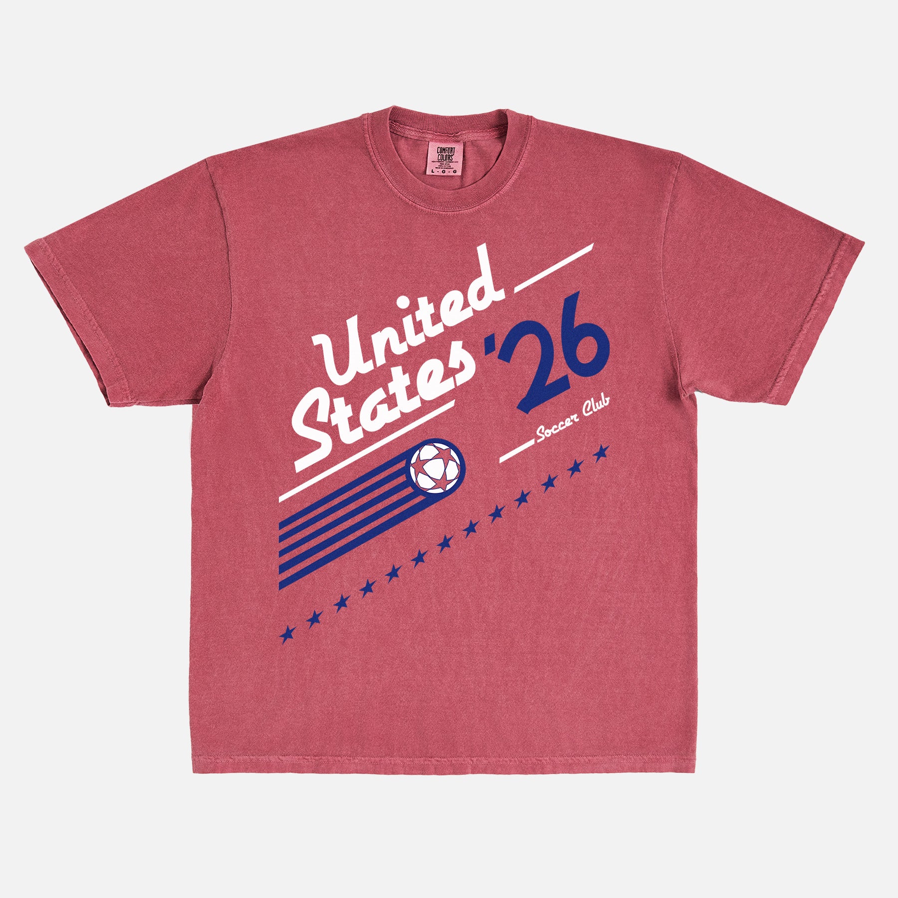 Cool retro 1980s US Soccer team graphic t-shirt with vintage royal blue and red 90s style Untied States USA soccer graphic on an washed red  world cup Comfort Colors t-shirt