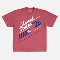 Cool retro 1980s US Soccer team graphic t-shirt with vintage royal blue and red 90s style Untied States USA soccer graphic on an washed red  world cup Comfort Colors t-shirt