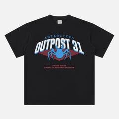 John Carpenter's The Thing horror movie t-shirt with retro Antarctica Outpost 31 logo graphic on a heavyweight black t-shirt
