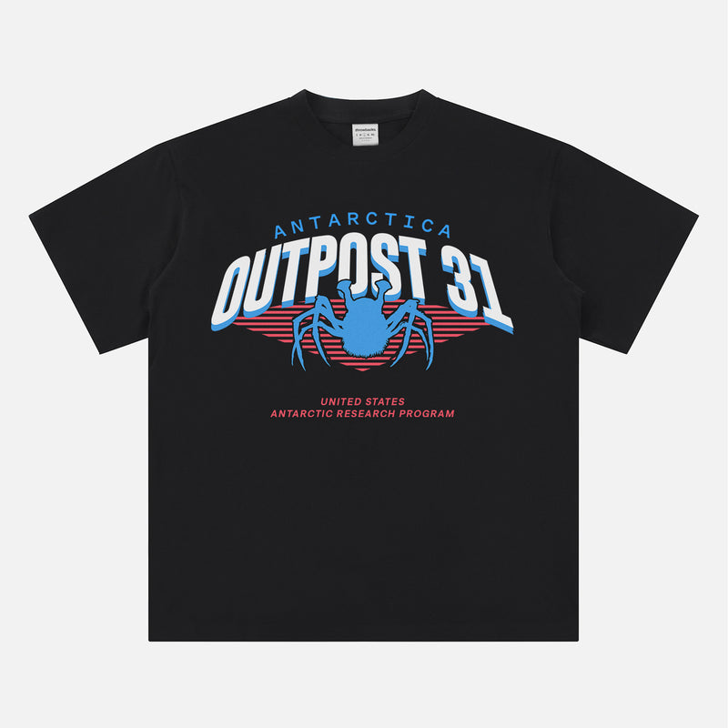 John Carpenter's The Thing horror movie t-shirt with retro Antarctica Outpost 31 logo graphic on a heavyweight black t-shirt