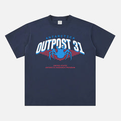 John Carpenter's The Thing horror movie t-shirt with retro Antarctica Outpost 31 logo graphic on a heavyweight navy t-shirt