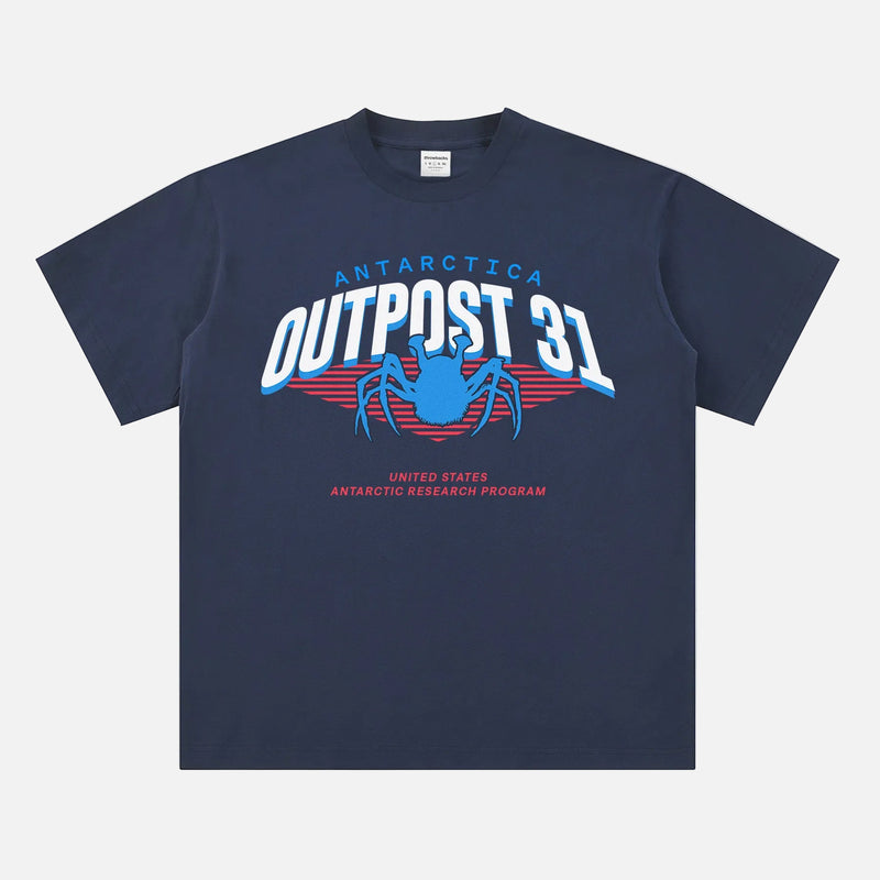 John Carpenter's The Thing horror movie t-shirt with retro Antarctica Outpost 31 logo graphic on a heavyweight navy t-shirt