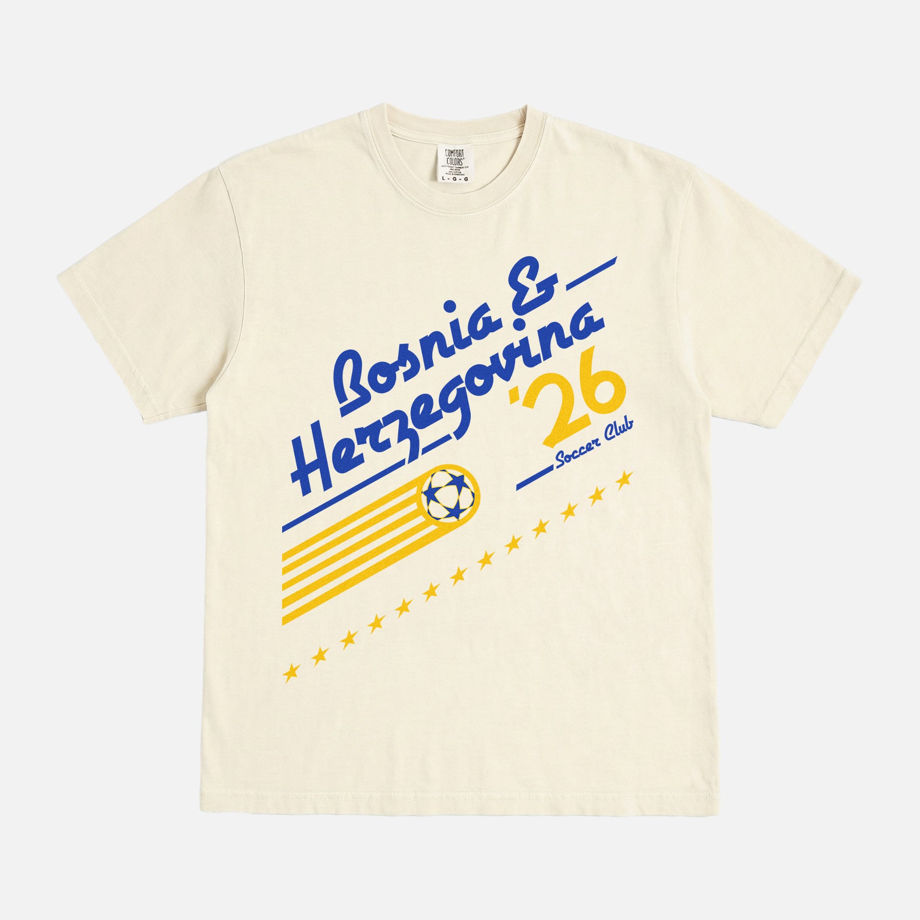 Retro Bosnia and Herzegovina World Cup team Comfort Colors off white, royal blue, and yellow graphic t-shirt 