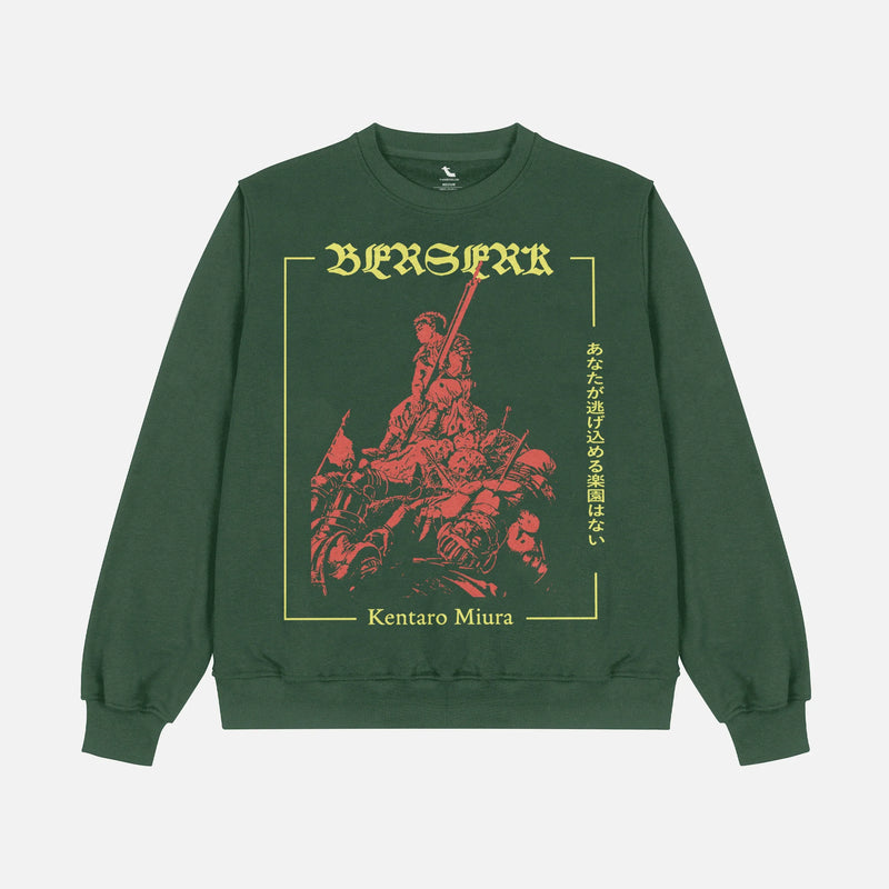 Cool Berserk streetwear sweatshirt, grunge Berserk anime heavyweight dark green crewneck sweater