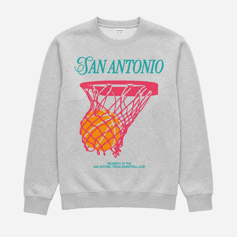 Throwback grey San Antonio Spurs crewneck sweatshirt with retro fiesta colors basketball graphic