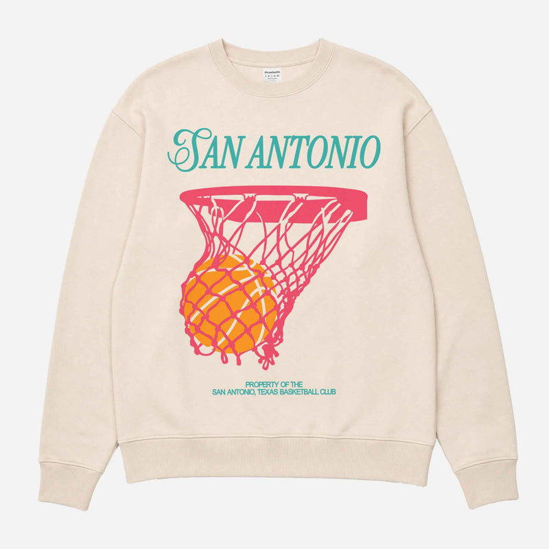 Throwback off white San Antonio Spurs crewneck sweatshirt with retro fiesta colors basketball graphic