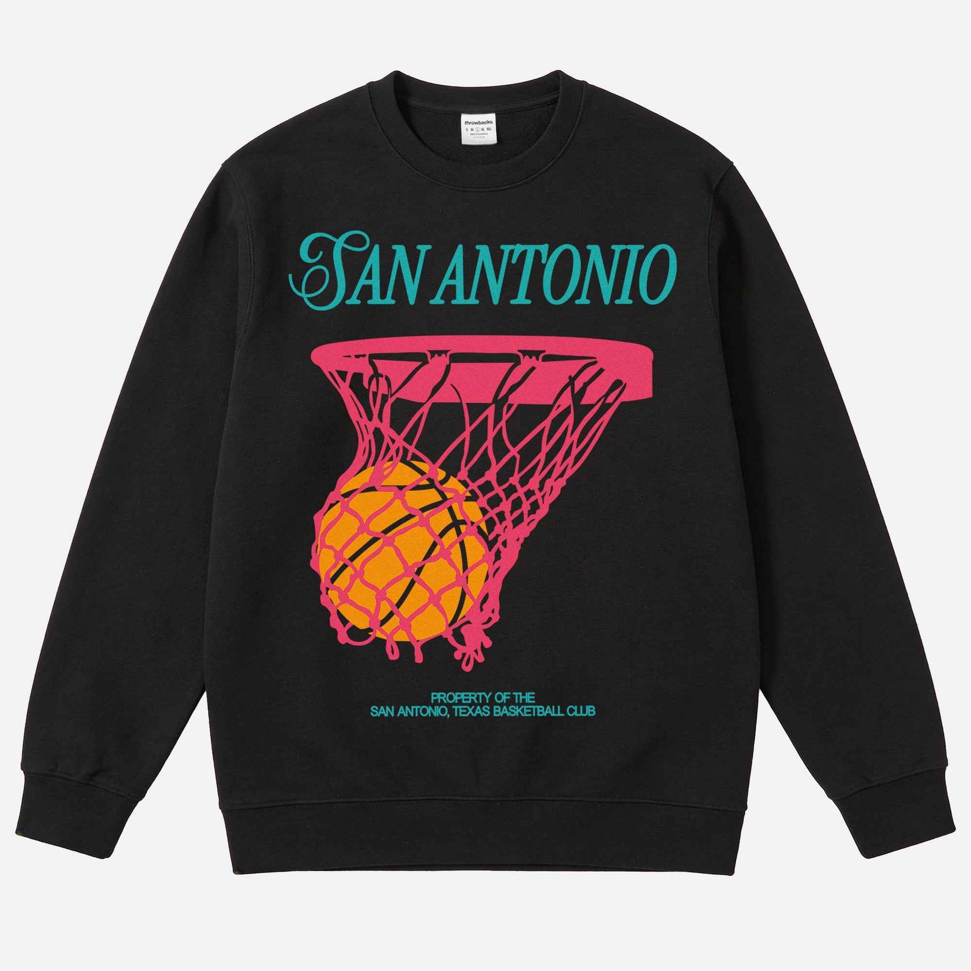 Throwback black San Antonio Spurs crewneck sweatshirt with retro fiesta colors basketball graphic