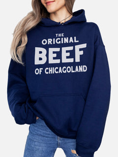 Unisex navy blue and white The Original Beef of Chicagoland logo hoodie, the bear tv show merch sweatshirt