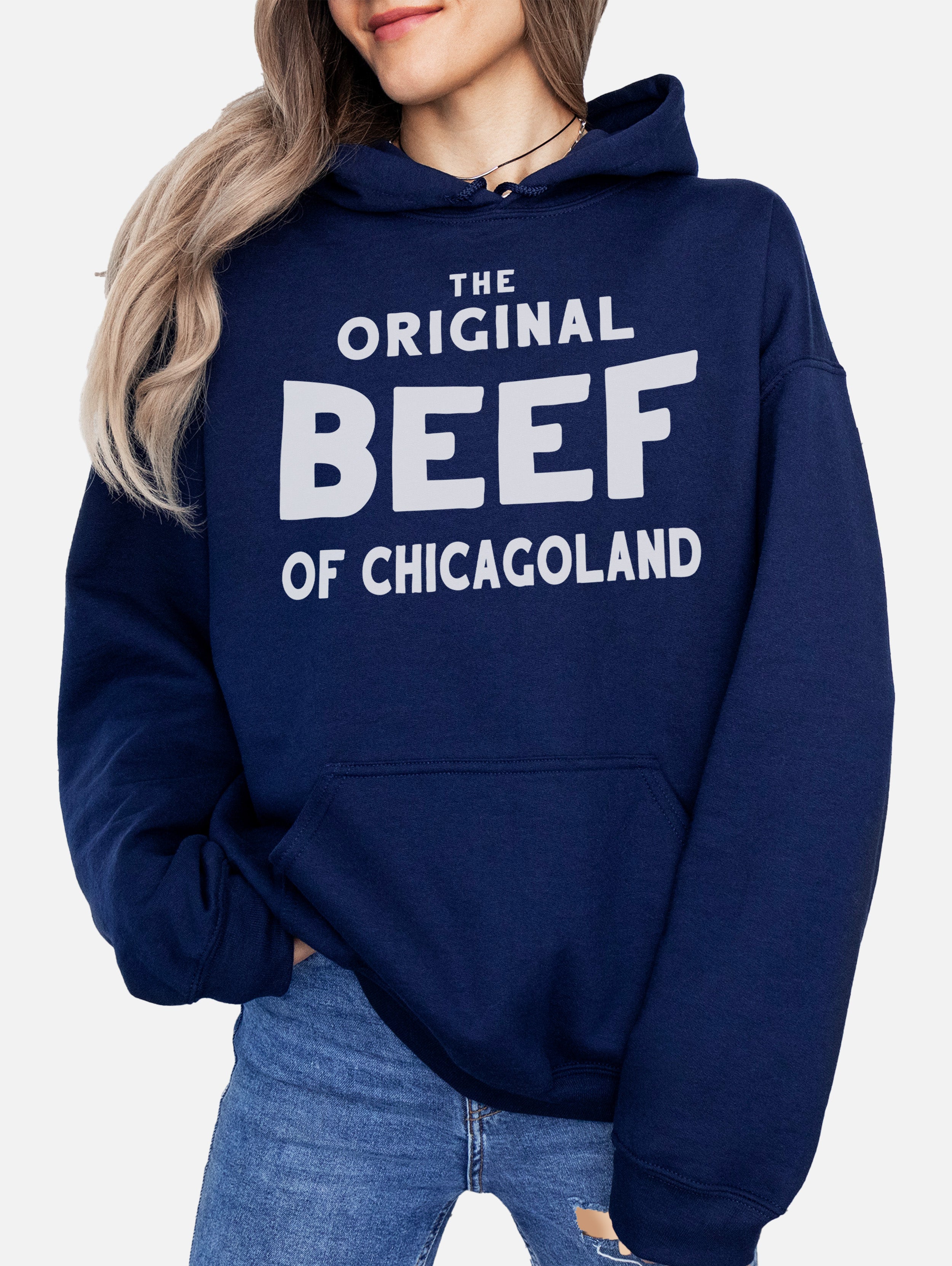 Unisex navy blue and white The Original Beef of Chicagoland logo hoodie, the bear tv show merch sweatshirt