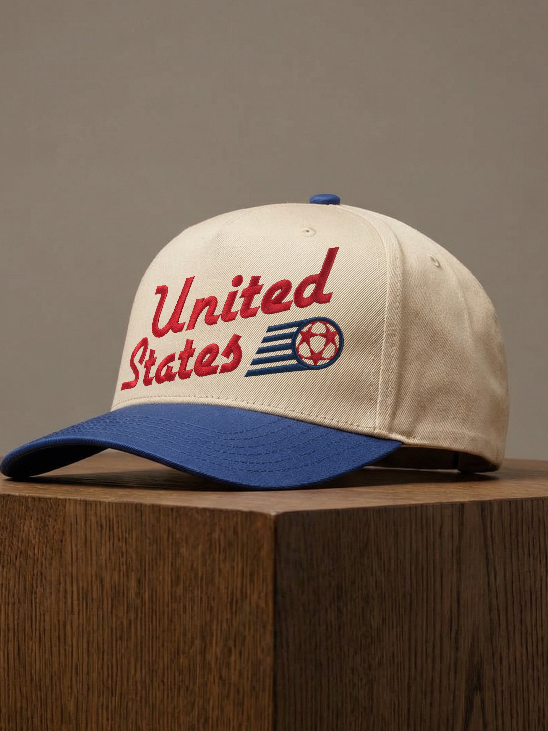 retro US soccer team world cup snapback hat, beige and royal blue United States soccer team embroidered logo cap